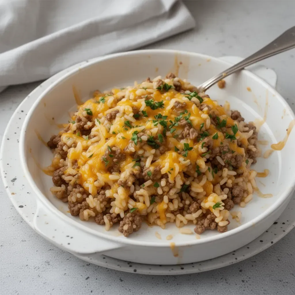 Cheesy ground beef and rice casserole in a baking dish with melted cheese