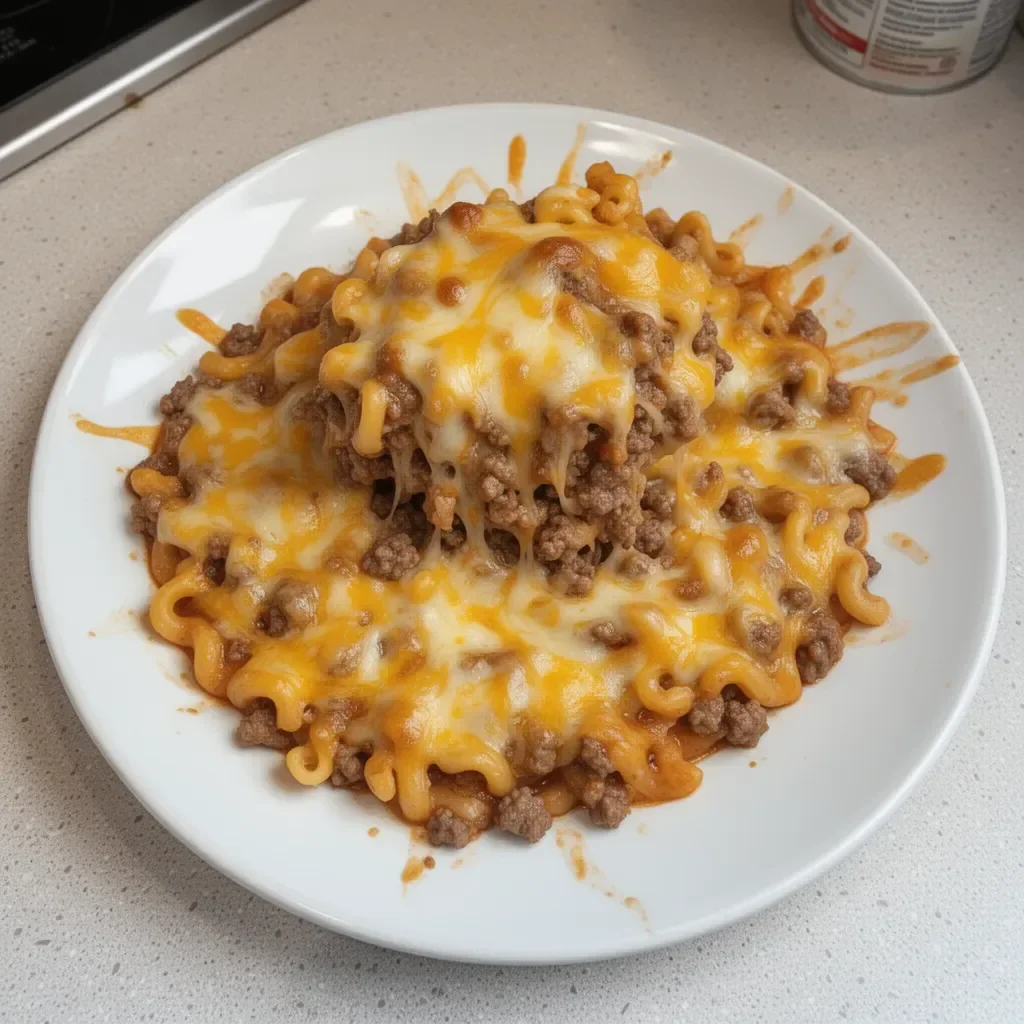 Cheesy hamburger casserole topped with melted cheese and served in a dish