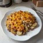 Cheesy hamburger potato casserole served in a dish