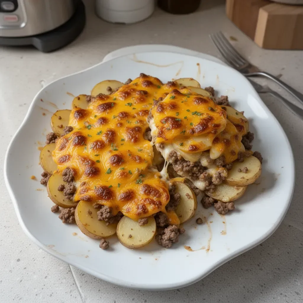 Cheesy hamburger potato casserole served in a dish