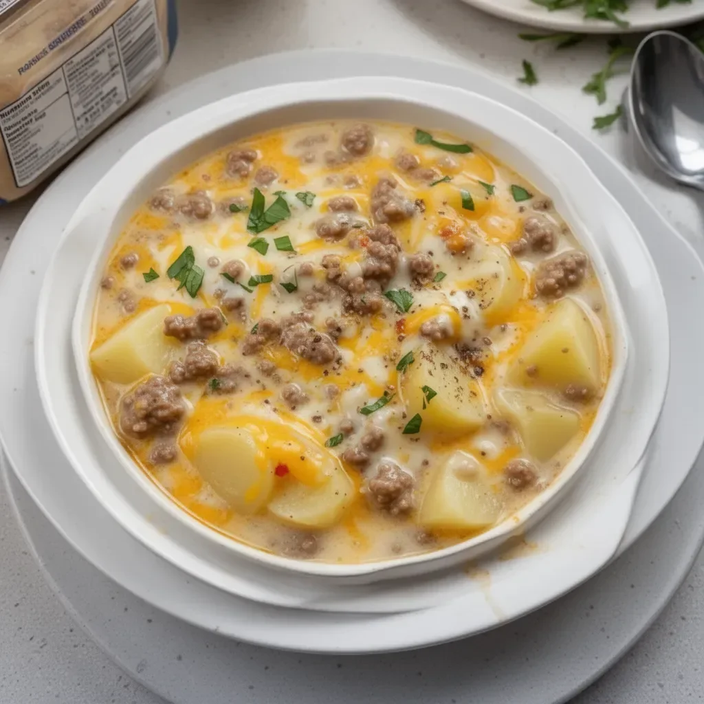 Cheesy Hamburger Potato Soup in a bowl with fresh herbs on top