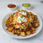 Cheesy taco potatoes topped with melted cheese and garnished with herbs