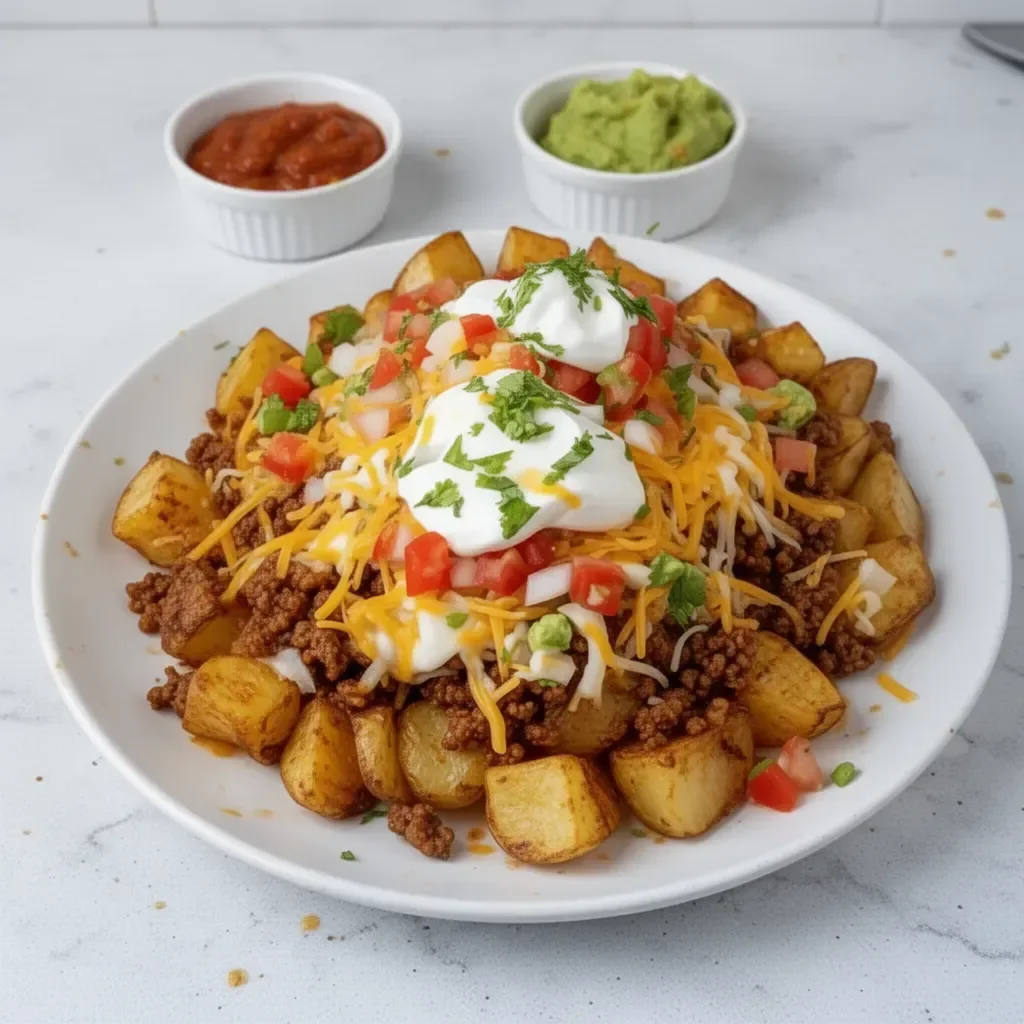 Cheesy taco potatoes topped with melted cheese and garnished with herbs