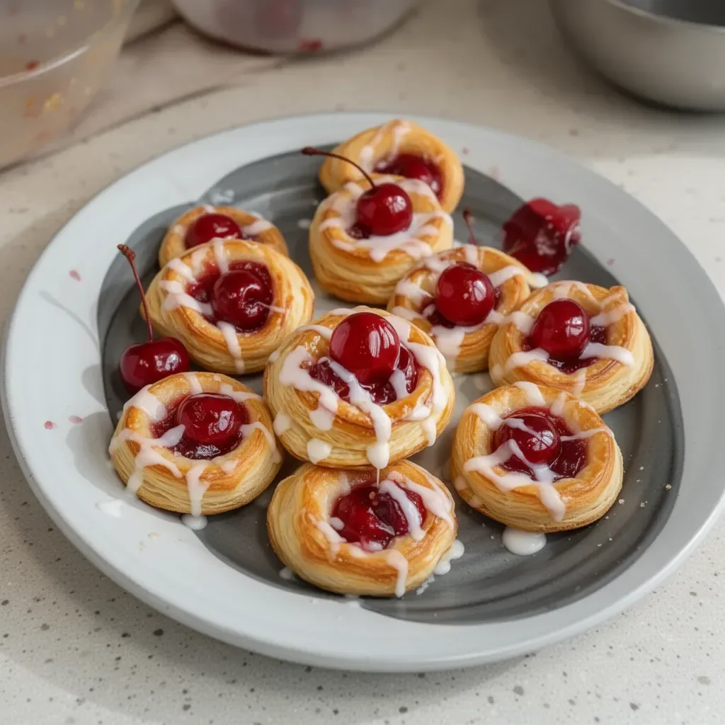 Mini cherry pie bites fresh out of the oven, topped with flaky crust and cherries