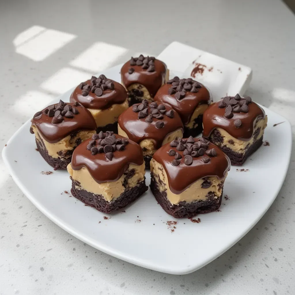 Chocolate chip cookie dough brownie bites on a plate, perfect for dessert lovers.