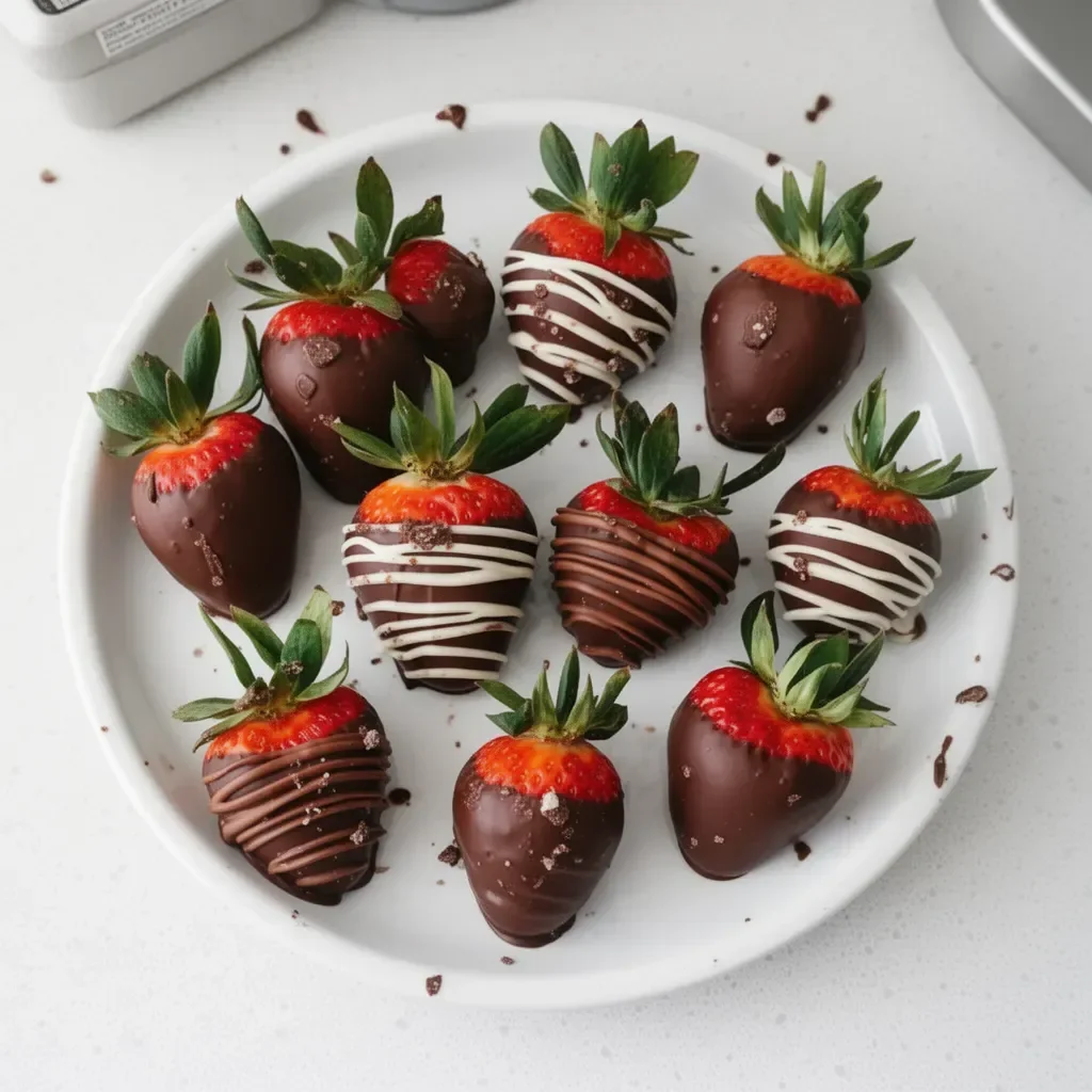 Delicious chocolate covered strawberries on a white plate