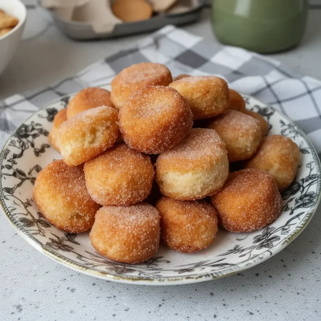 Plate of freshly baked Cinnamon Sugar Biscuit Bites with a dusting of cinnamon