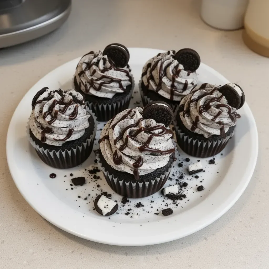 Cookies and cream cupcakes topped with crushed cookies and creamy frosting