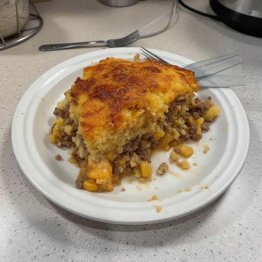 Delicious Cornbread Cowboy Casserole served in a rustic dish