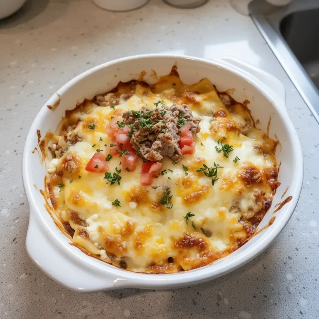 Delicious cottage cheese lasagna bowl served with herbs and cheese