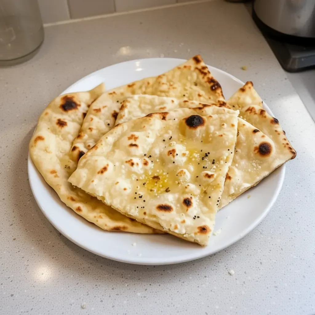 Freshly baked Cottage Cheese Naan Bread served with dip