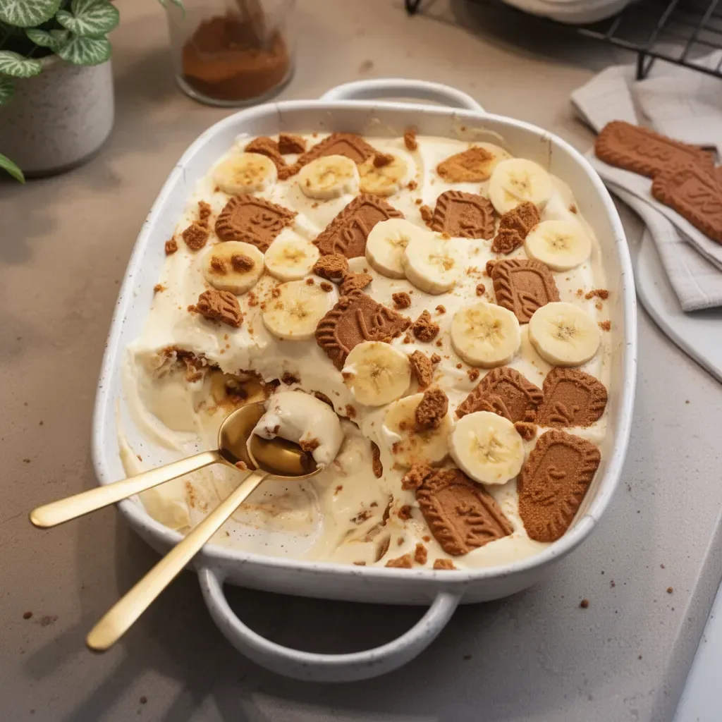 Creamy Biscoff banana pudding with layers of banana and cookie crumble