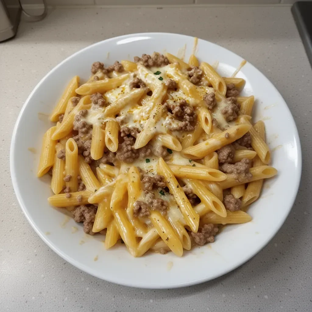 Creamy cheesy beef penne pasta dish topped with melted cheese and herbs