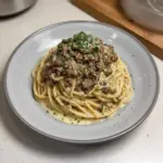Creamy Parmesan Beef Linguine with Garlic Butter Sauce served in a bowl