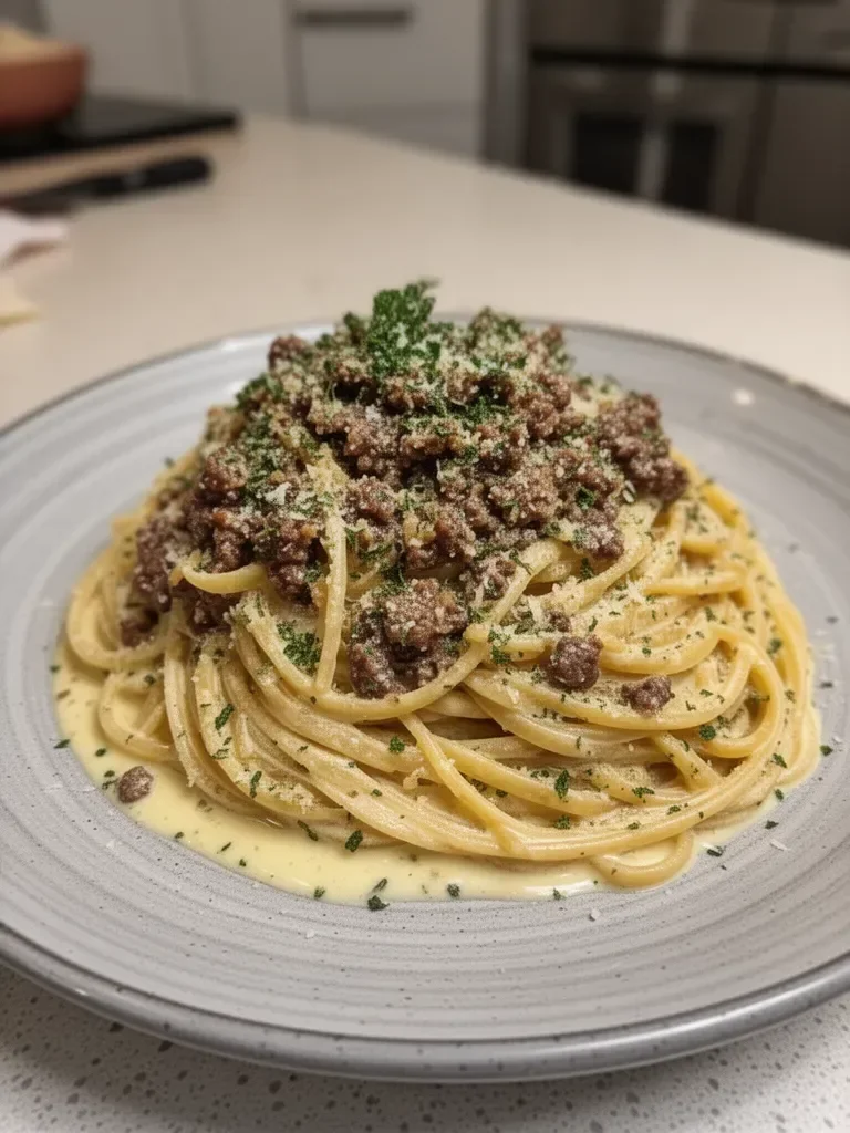 Creamy Parmesan Beef Linguine with Garlic Butter Sauce