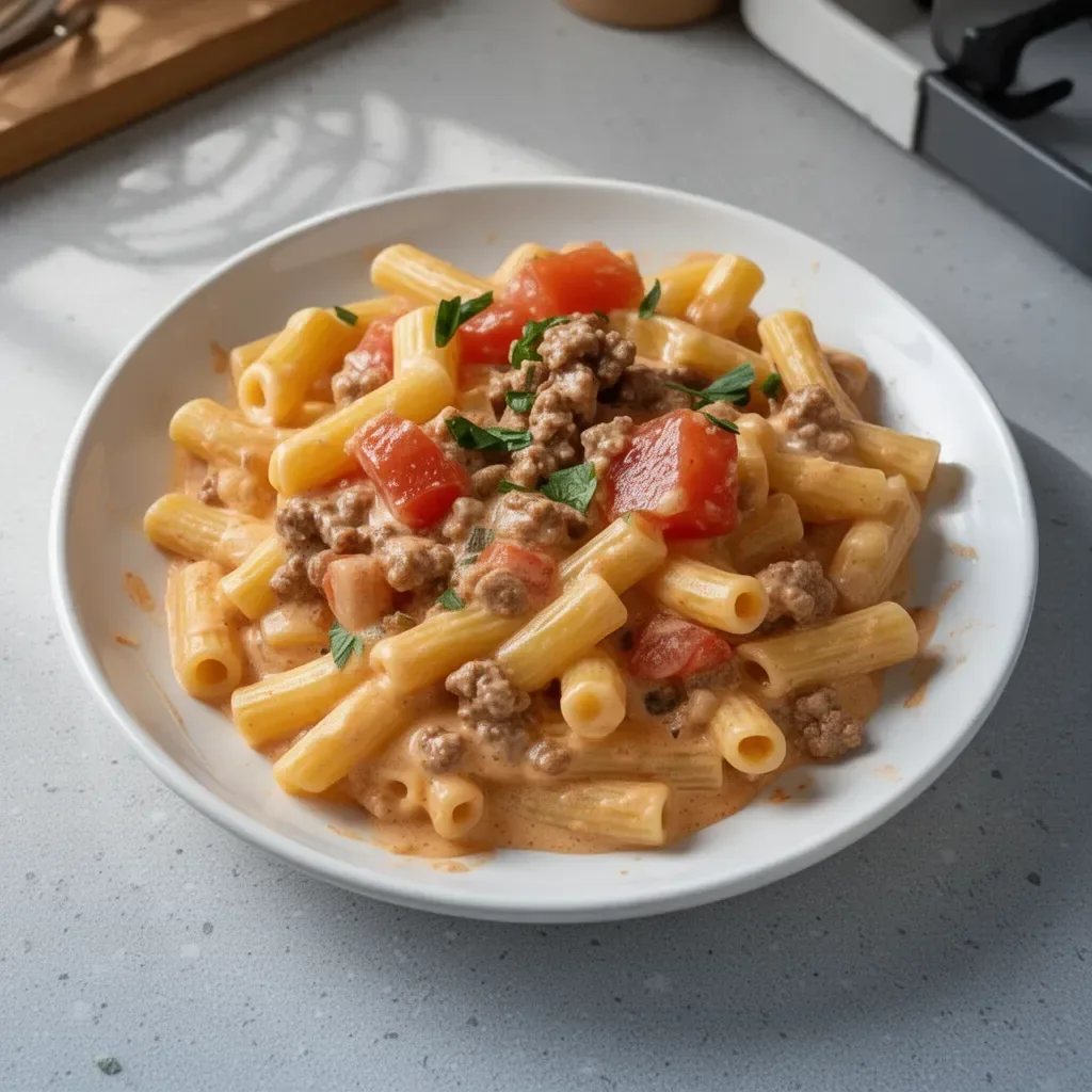 Creamy Rotel Pasta with tomatoes and cheese in a serving bowl