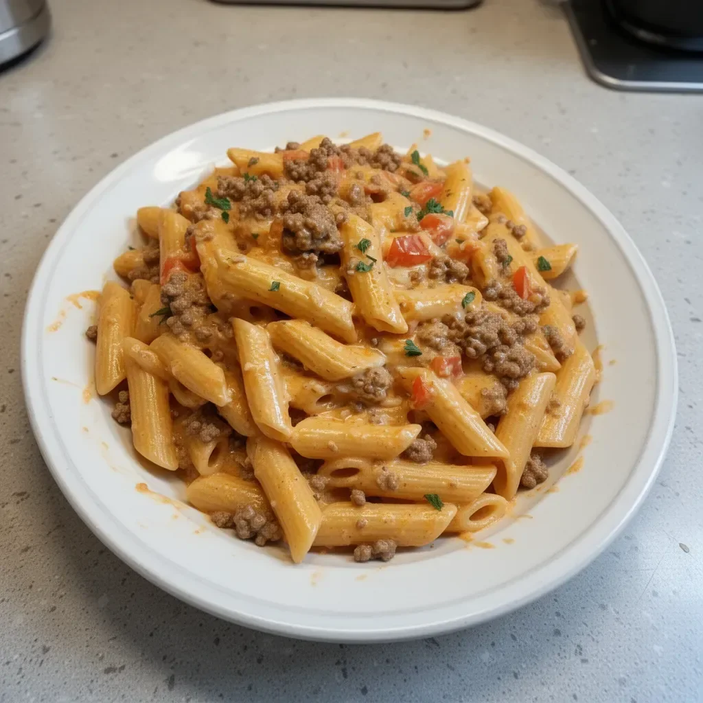 Creamy Rotel Pasta with Ground Beef served in a bowl