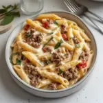 Creamy Rotel pasta with ground beef for easy weeknight dinners