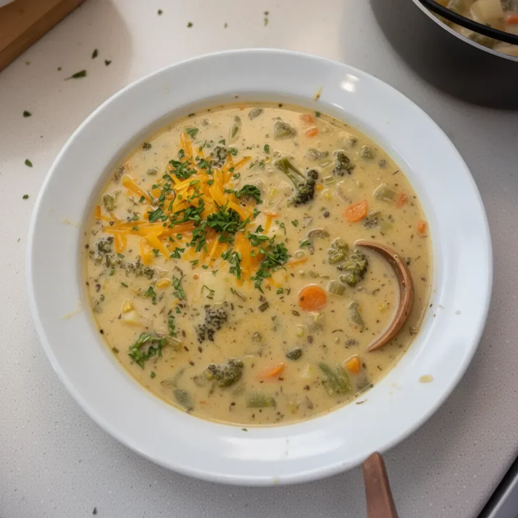 Bowl of creamy vegetable soup with fresh vegetables and herbs