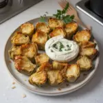 Crispy baked artichoke hearts with garlic aioli on a plate