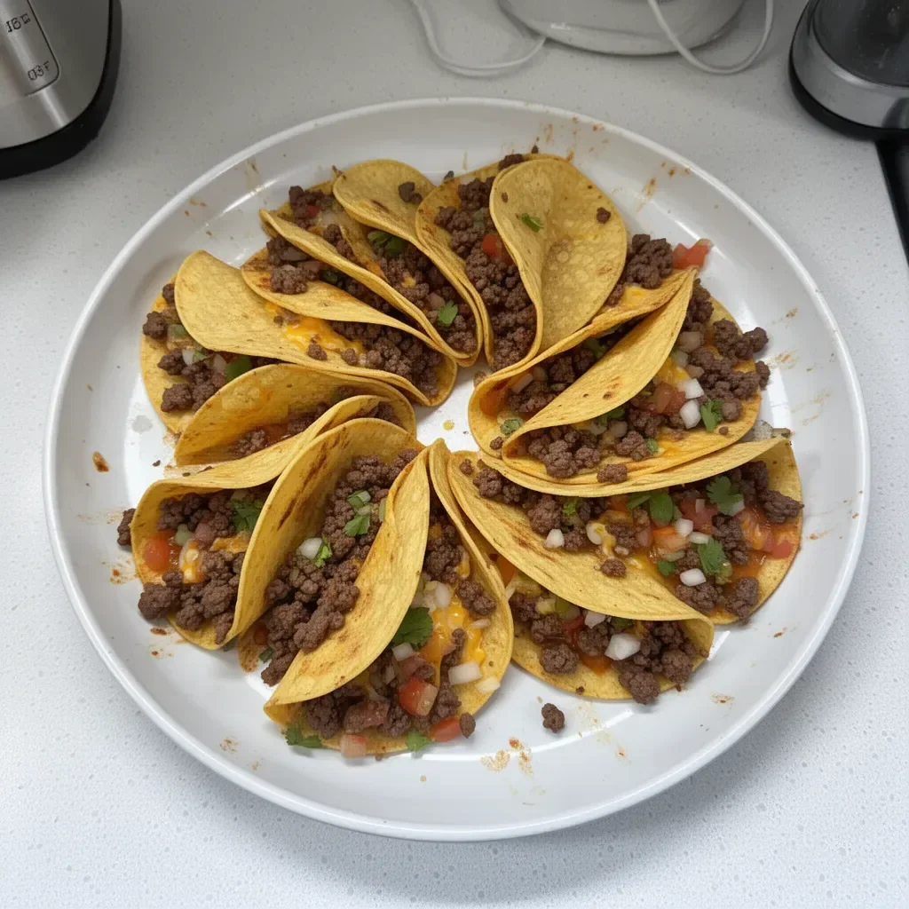 Crispy ground beef tacos with vibrant toppings served on a plate