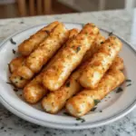 Plate of golden brown cottage cheese sticks served with dipping sauce.