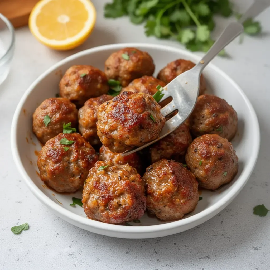 A plate of easy meatballs garnished with herbs, perfect for dinner.