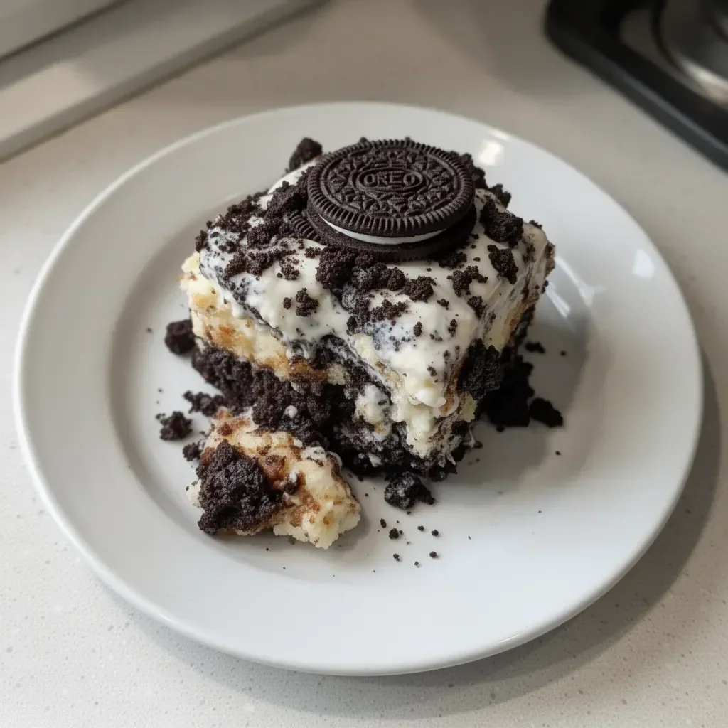 Deliciously easy Oreo Dump Cake topped with crumbled Oreos