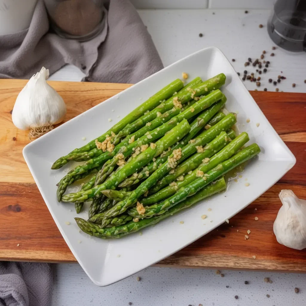 Sautéed Garlic Butter Asparagus served on a plate with lemon garnish