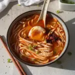 Delicious bowl of garlic miso noodle soup with fresh ingredients and herbs
