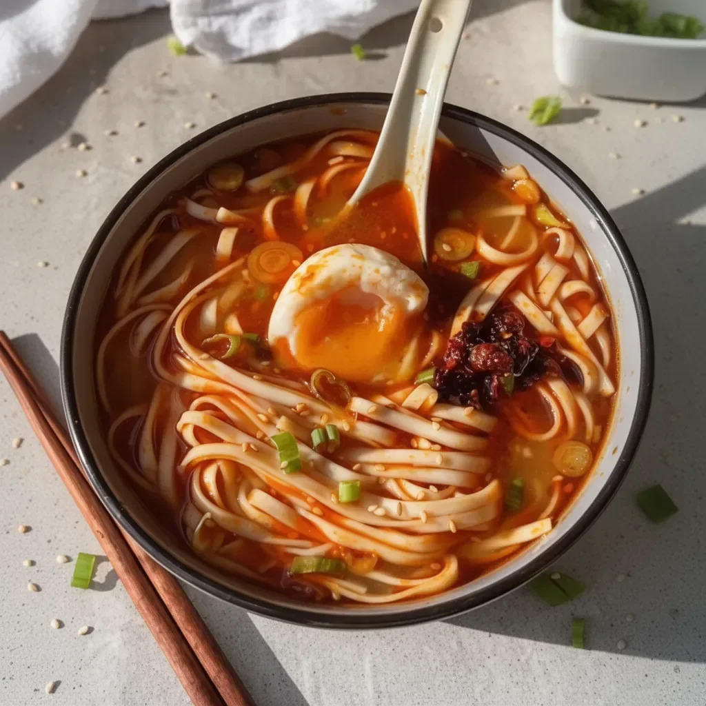 Delicious bowl of garlic miso noodle soup with fresh ingredients and herbs