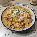 Creamy Garlic Parmesan Bowtie Pasta with beef in a tasty sauce
