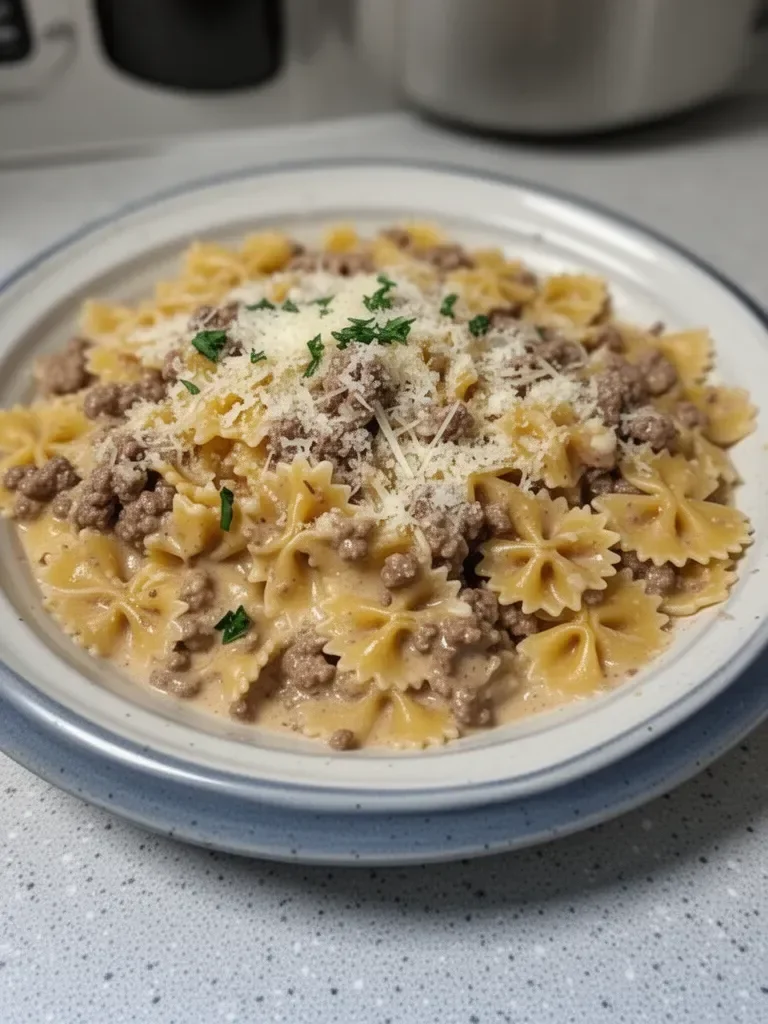 Garlic Parmesan Bowtie Pasta with Creamy Beef recipe