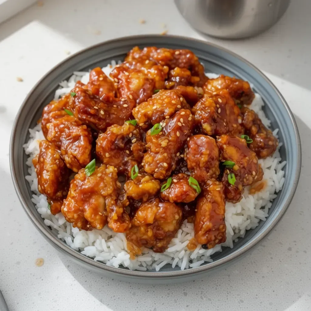 Plate of delicious General Tso's Chicken with crispy broccoli and rice
