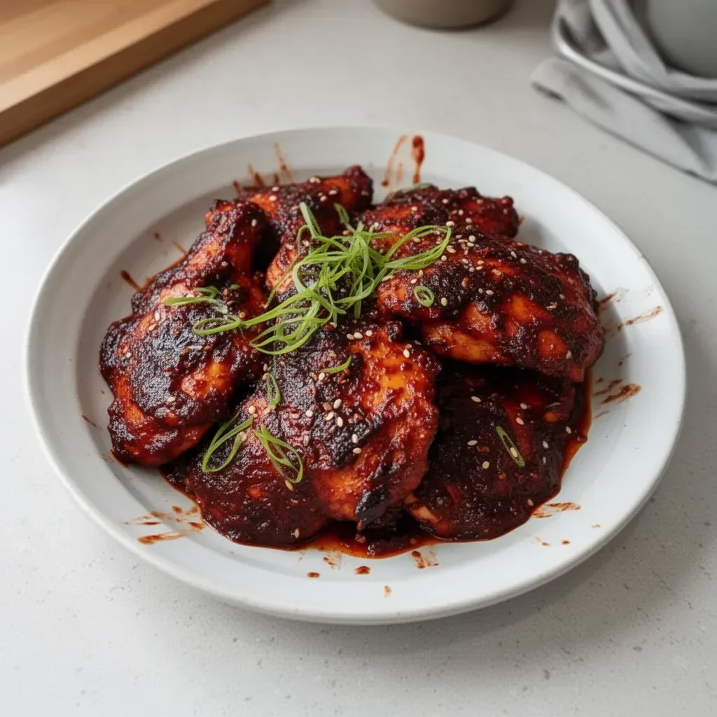 Delicious plate of Gochujang Chicken garnished with green onions and sesame seeds.