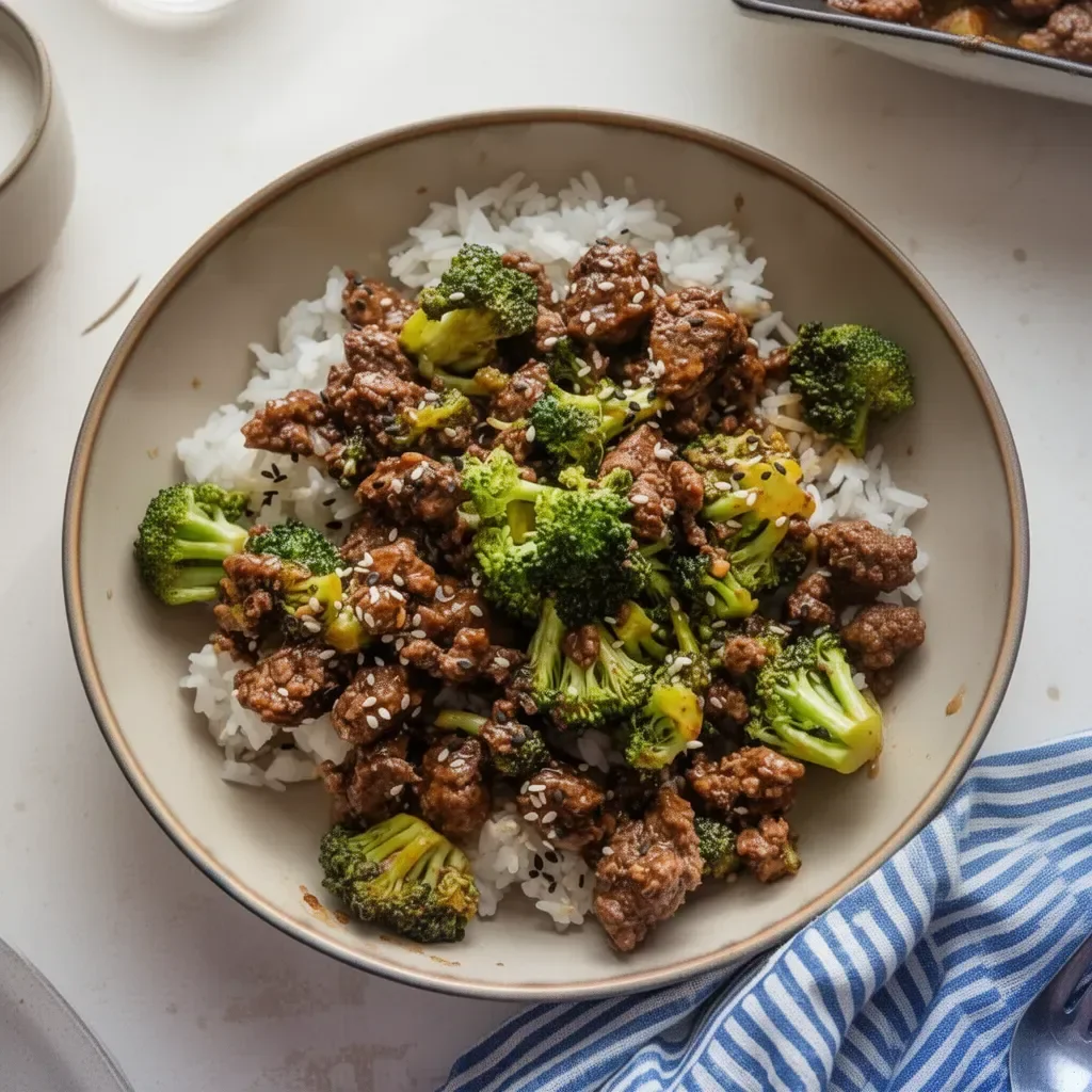 Plate of ground beef and broccoli stir-fry served with rice