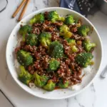 Stir-fried ground beef and broccoli dish served on a plate