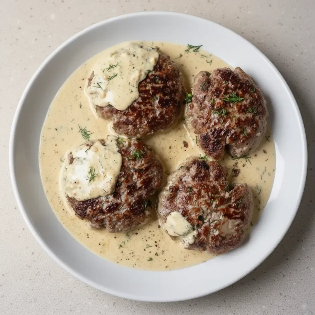 Hamburger steaks served in a creamy dill sauce for a delicious meal