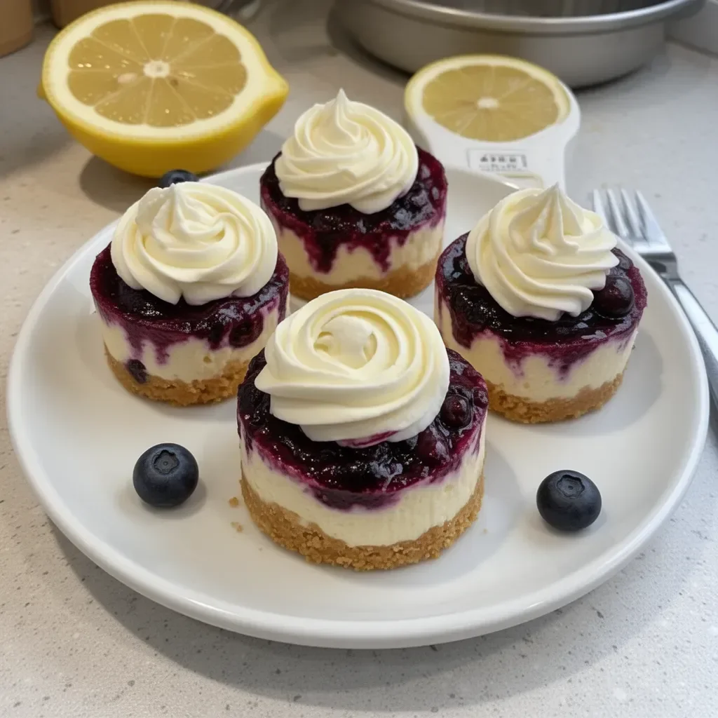 Healthy mini lemon blueberry cheesecakes on a dessert plate