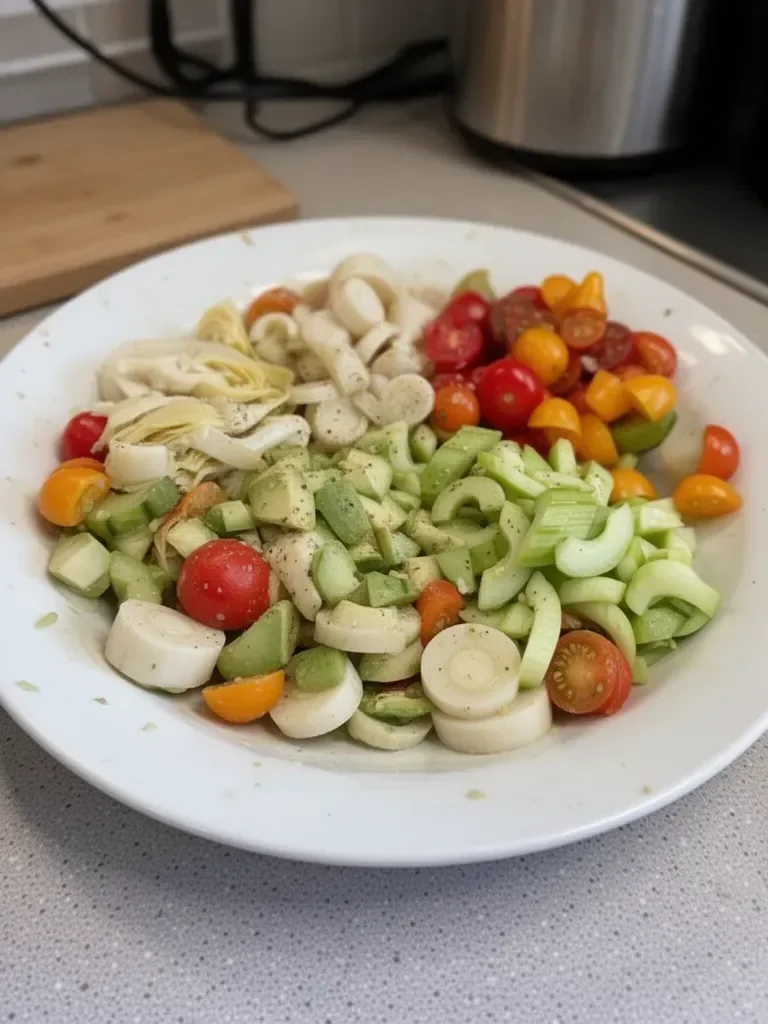 Hearts of Palm Salad with Artichoke Hearts, Cucumber, Tomato, Avocado