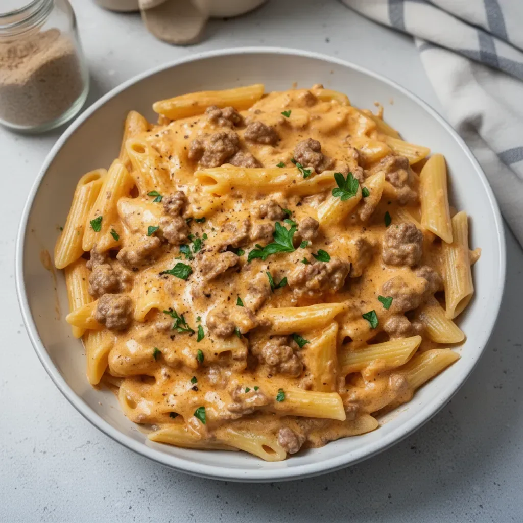 Creamy beef pasta dish served in a bowl, garnished with herbs.