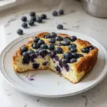 High-protein lemon blueberry breakfast bake garnished with fresh blueberries and lemon zest