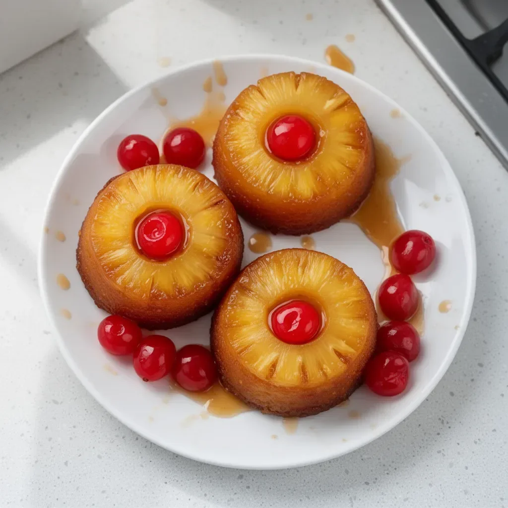 Delicious individual mini pineapple upside down cakes on a serving platter
