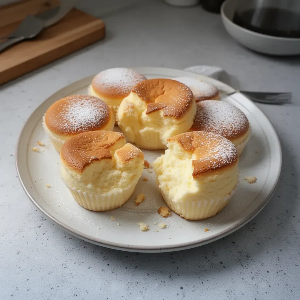 Japanese Cotton Cheesecake Cupcakes topped with fresh cream and strawberries