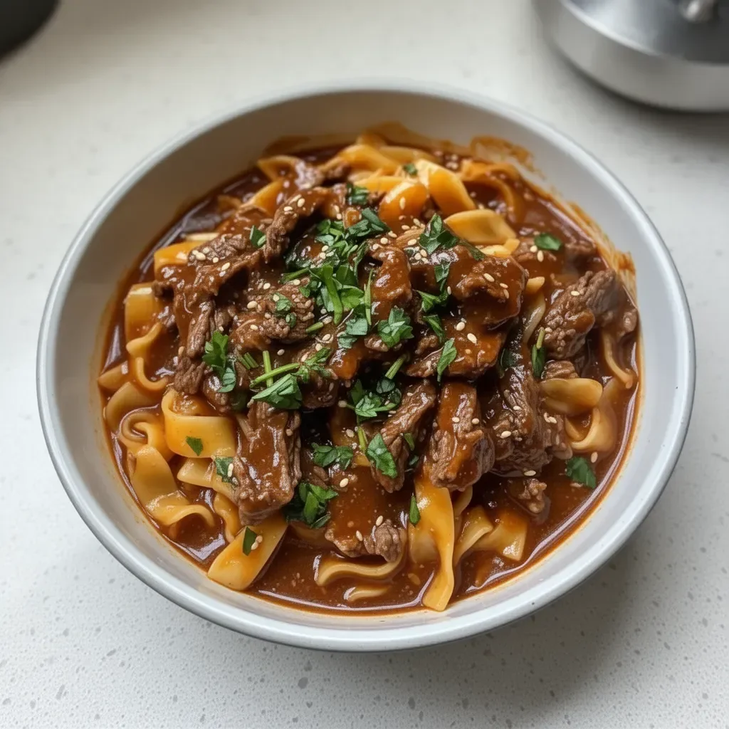 Delicious bowl of Korean beef noodles with fresh ingredients and toppings.
