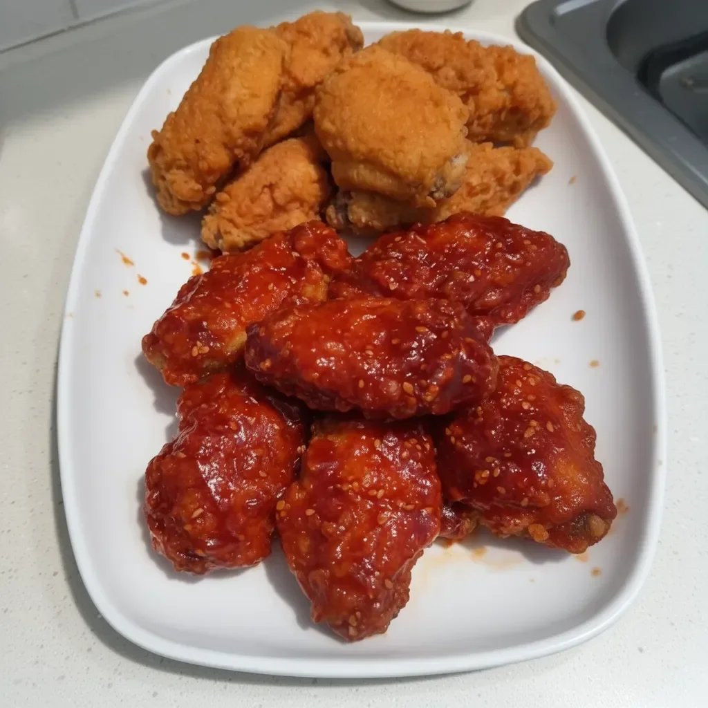 Crispy Korean Fried Chicken with a golden-brown crust served with dipping sauce.