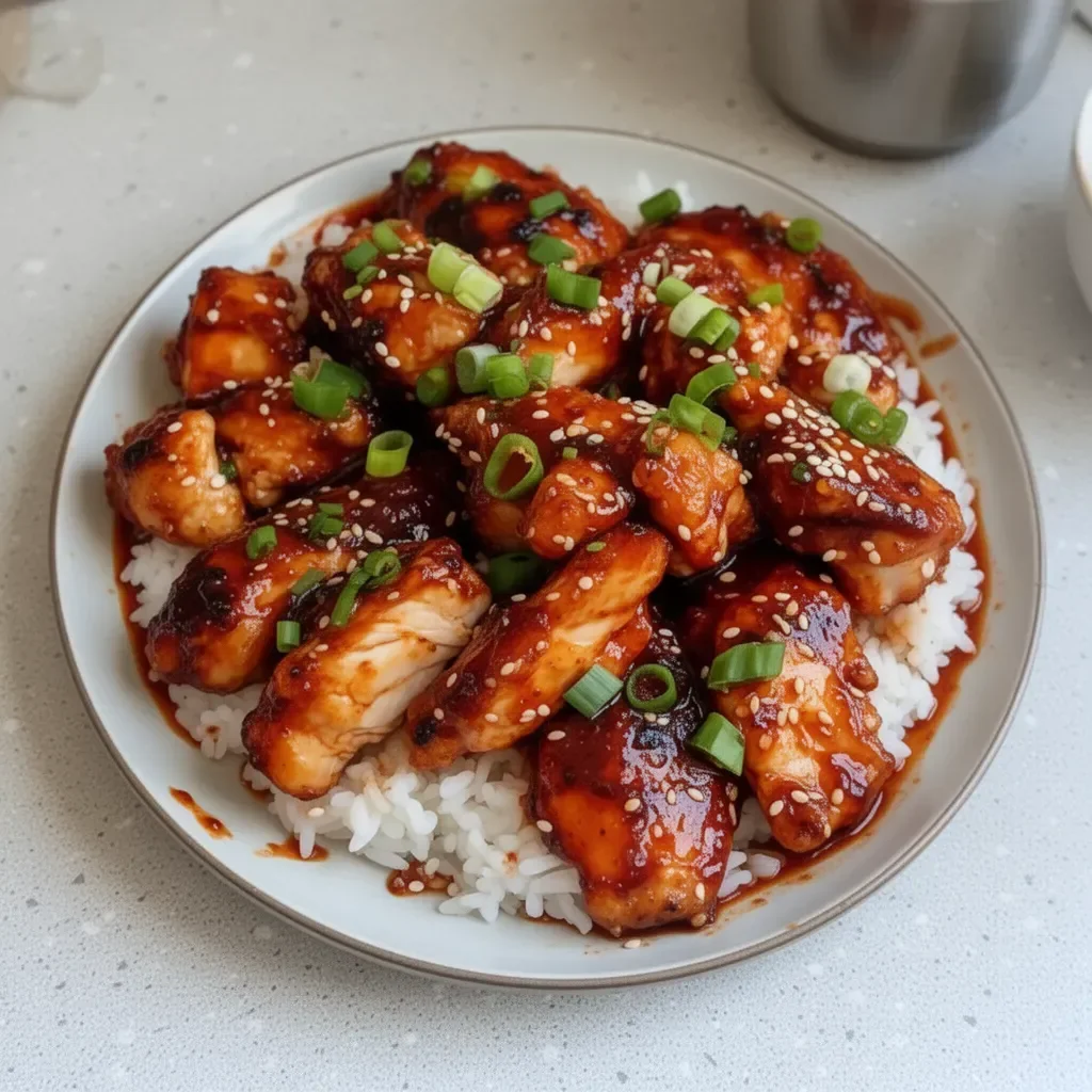 Delicious Korean spicy pepper paste chicken garnished with fresh herbs