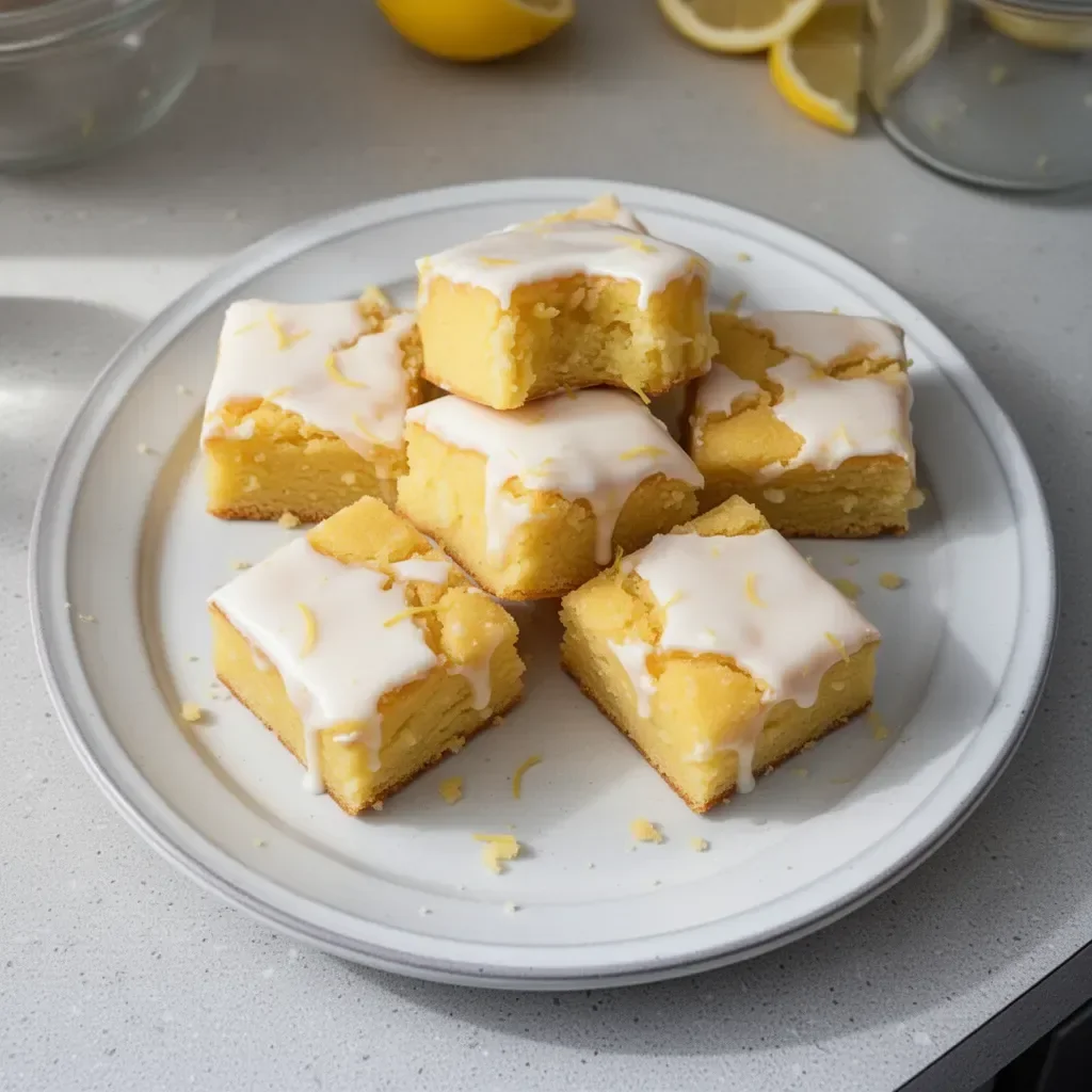 Delicious lemon brownies with a vibrant lemon glaze on top.