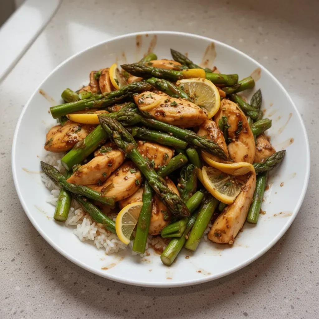 Lemon Chicken Stir-Fry with asparagus garnished and served in a bowl