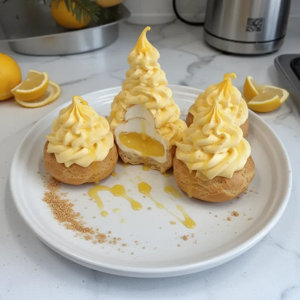 Delicious lemon cream puffs filled with citrusy lemon cream on a plate.